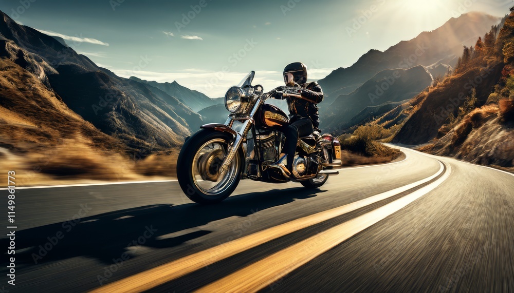 A dynamic image of a motorcyclist riding along a winding road through majestic mountains, bathed in the golden light of the setting sun, capturing the spirit of freedom and adventure.. AI Generation A dynamic image of a motorcyclist riding along a winding road through majestic mountains, bathed in the golden light of the setting sun, capturing the spirit of freedom and adventure.. AI Generation