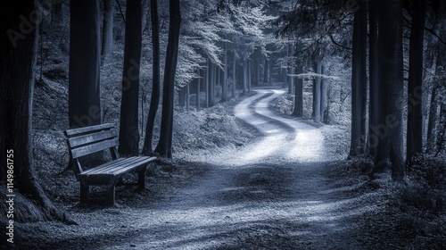 empty bench near a winding path, framed by towering trees and deep shadows photo