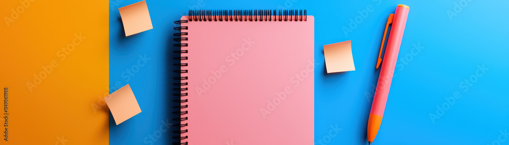 vibrant office setup featuring pink notebook, sticky notes, and colorful pen on blue background, perfect for creative work vibrant office setup featuring pink notebook, sticky notes, and colorful pen on blue background, perfect for creative work