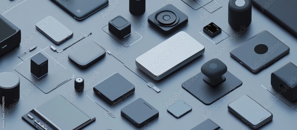 A flat lay of various technology gadgets and accessories. A flat lay of various technology gadgets and accessories.