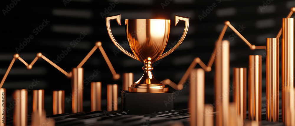golden trophy stands proudly amidst rising bar graphs, symbolizing success and achievement in business