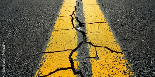 A cracked asphalt road surface with a double yellow line running through the center, showing significant wear and tear
