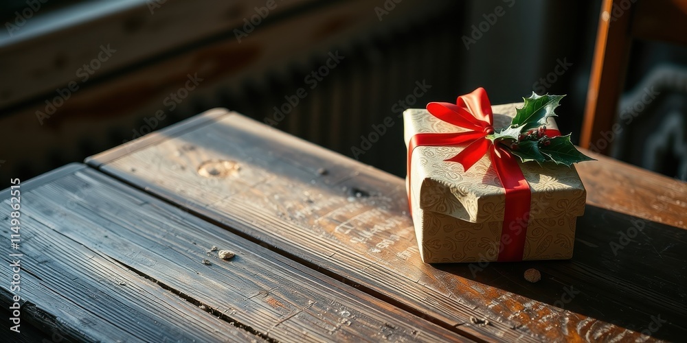 A Beautifully Wrapped Gift Box Rests on a Rustic Wooden Table, Bathed in Warm Sunlight