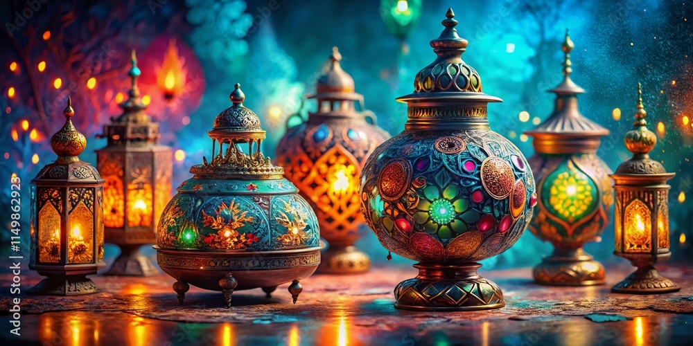 Obraz premium Vibrant Colorful Oil Lamps on Turquoise Background - Surreal Decorative Stock Photo