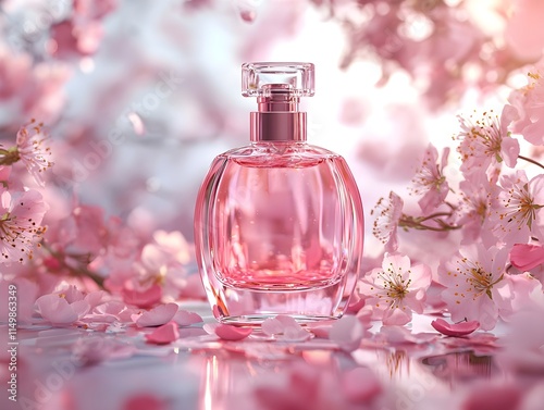 A pink perfume bottle mockup with cherry blossoms and falling petals on a pastel background, perfect for spring themes