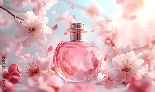 A pink perfume bottle mockup with cherry blossoms and falling petals on a pastel background, perfect for spring themes