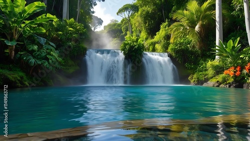 Waterfall in Lush Rainforest with Misty Pool