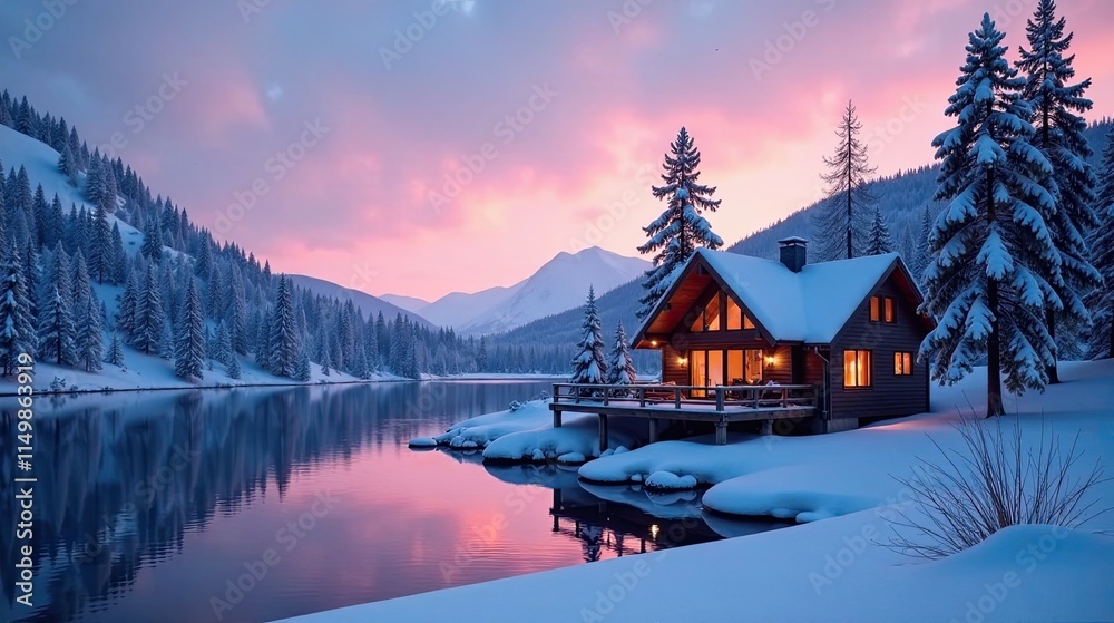 Fototapeta premium Serene Winter Cabin by Still Lake at Sunset with Snow Covered Mountains