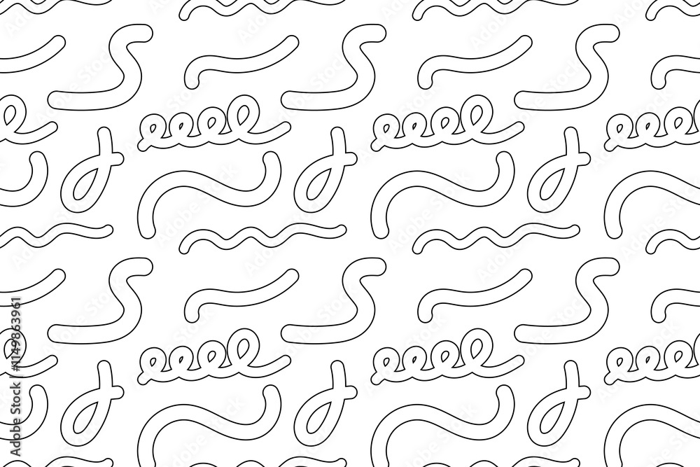 Black and white seamless pattern featuring wavy lines, curls, and loops. Ideal for coloring pages, backgrounds, and textures.