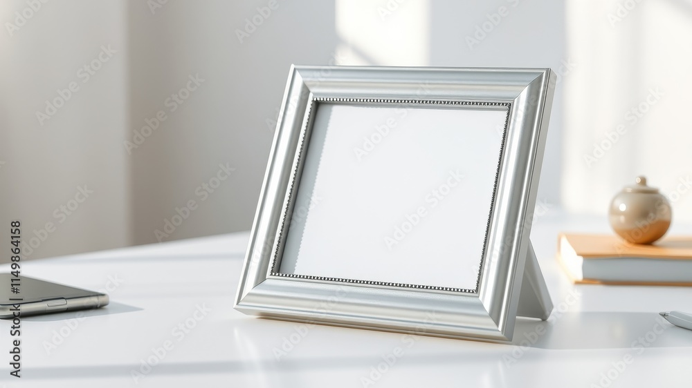 Fototapeta premium A silver picture frame sits on a white surface next to a smartphone and book, bathed in sunlight