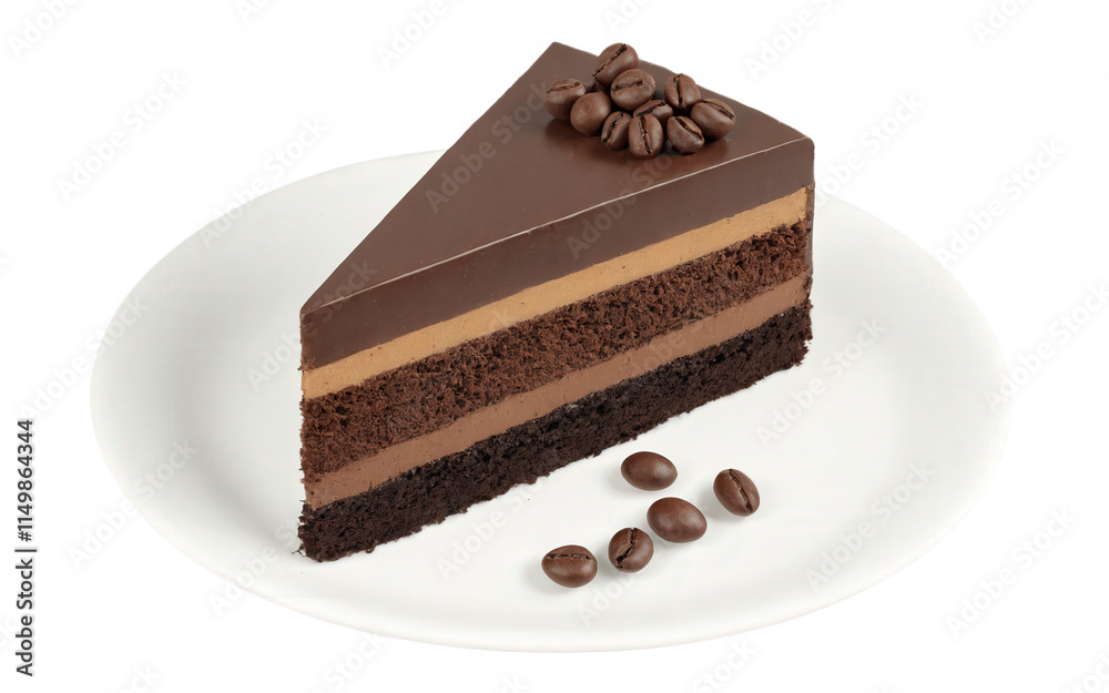 Mocha mousse truffle cake with multiple layers of dense, fudgy chocolate cake and mocha mousse filling. The cake is covered Mocha mousse truffle cake with multiple layers of dense, fudgy chocolate cake and mocha mousse filling. The cake is covered