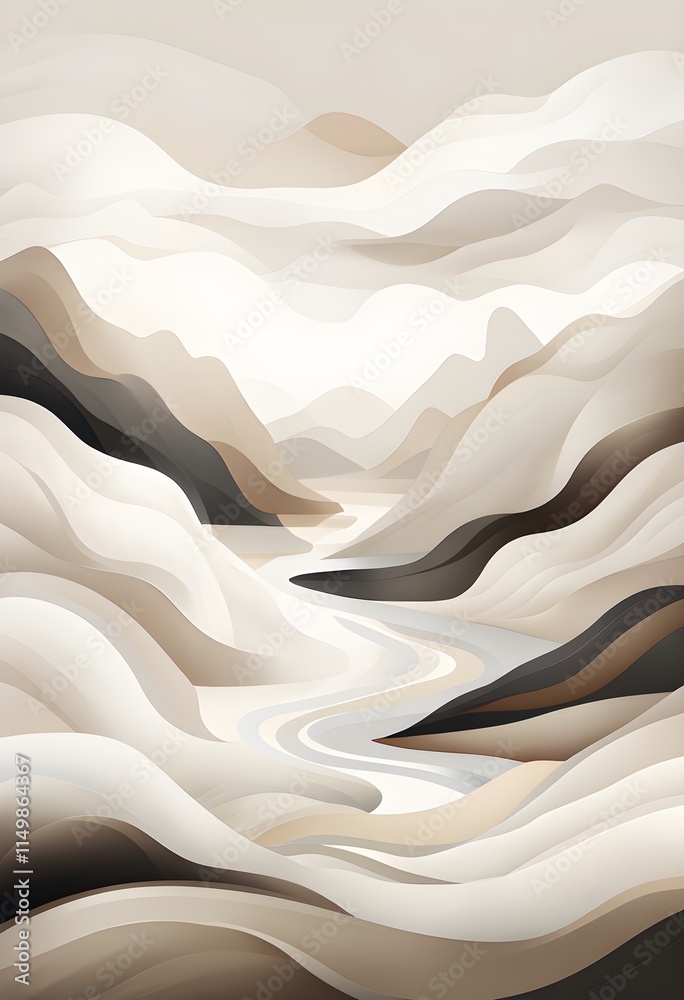 Neutral Abstract Landscape Illustration with Soft Wavy Shapes in Beige, Cream, and Brown for Calming and Minimalist Wall Decor