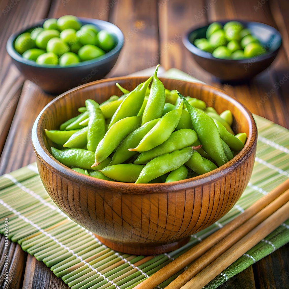 Fresh. vibrant edamame in a wooden bowl. Fresh. vibrant edamame in a wooden bowl.