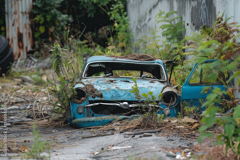 Old rusty abandoned car overgrown by vegetation, showing decay and the passage of time Old rusty abandoned car overgrown by vegetation, showing decay and the passage of time