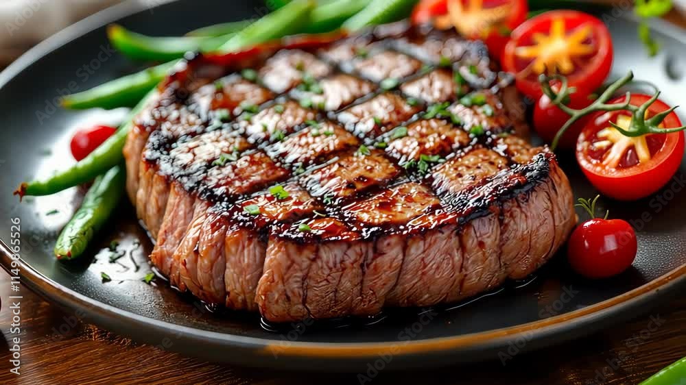 Close-up of grilled steak with grill marks and vegetables Close-up of grilled steak with grill marks and vegetables