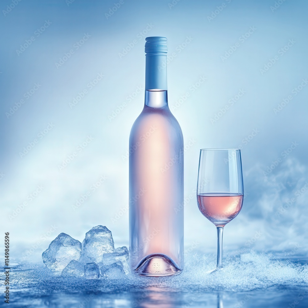A frosted glass bottle of plum wine stands out in a chilled, misty setup with ice cubes and a filled glass beside it. A frosted glass bottle of plum wine stands out in a chilled, misty setup with ice cubes and a filled glass beside it.