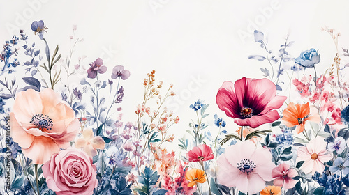 pastel colored field of daises in alcohol style painting, on a white background flores pintadas en acuarela sobre fondo blanco con textura

