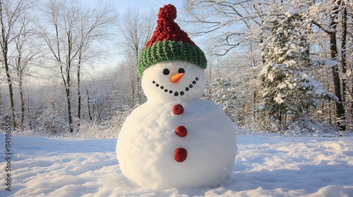 A friendly snowman with a classic green and red Christmas hat, set against a backdrop of snowy trees and a soft blue winter sky. photo