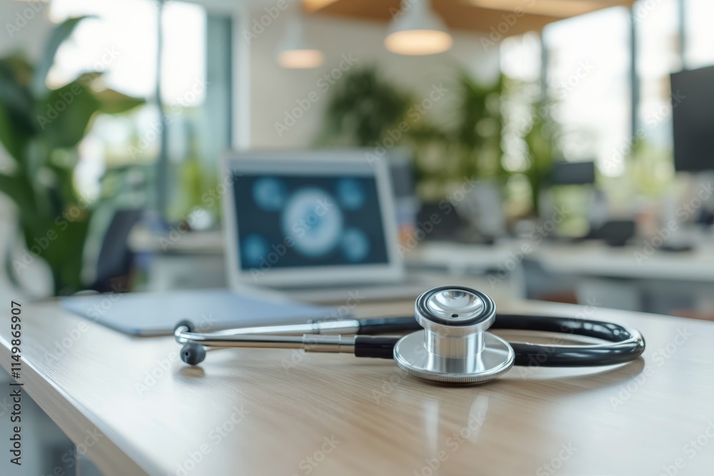 Stethoscope resting on wooden table in a modern gym with fitness equipment around Stethoscope resting on wooden table in a modern gym with fitness equipment around
