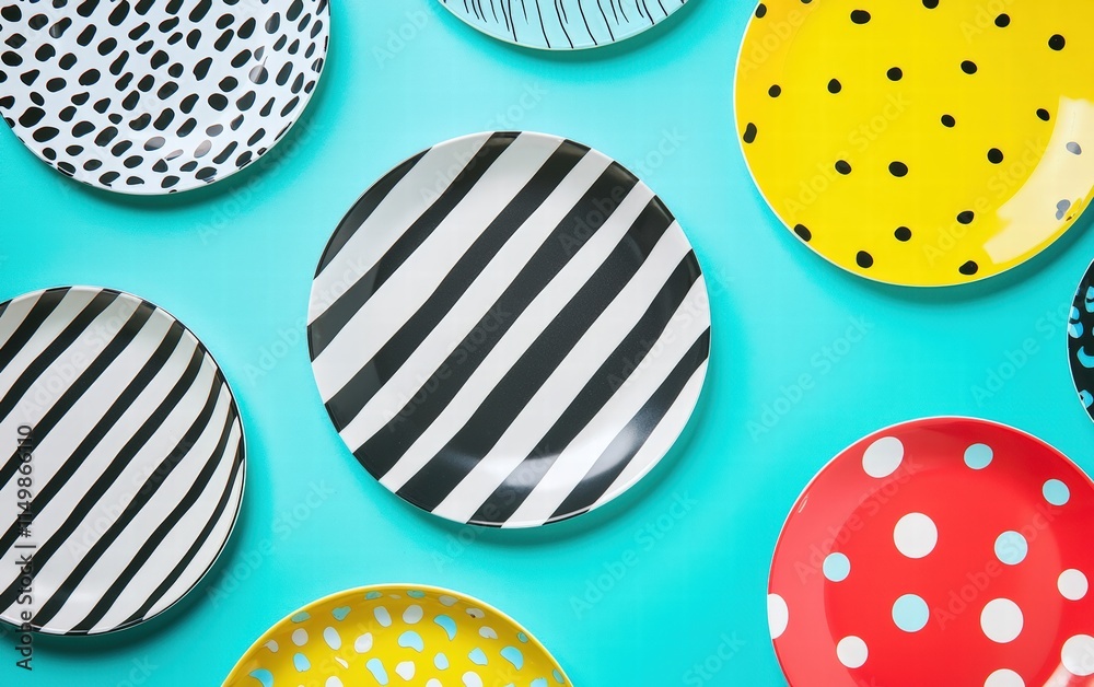 Levitating colorful dinner plates with bold patterns on a bright background Levitating colorful dinner plates with bold patterns on a bright background