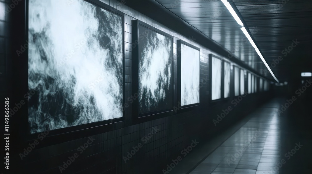 Abstract art displayed in a dark subway tunnel. Abstract art displayed in a dark subway tunnel.