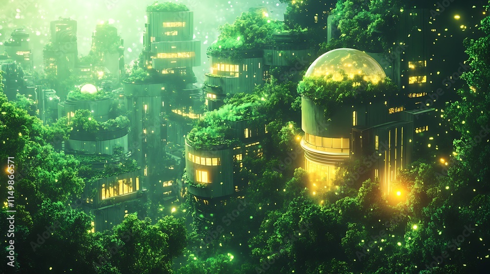 Futuristic eco-city nestled in lush green forest at night, glowing windows. Futuristic eco-city nestled in lush green forest at night, glowing windows.