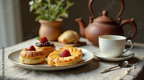 Wallpaper Mural Delightful pastries adorned with fresh berries, served alongside a steaming cup of tea and a rustic teapot on a subtly textured tablecloth. Torontodigital.ca