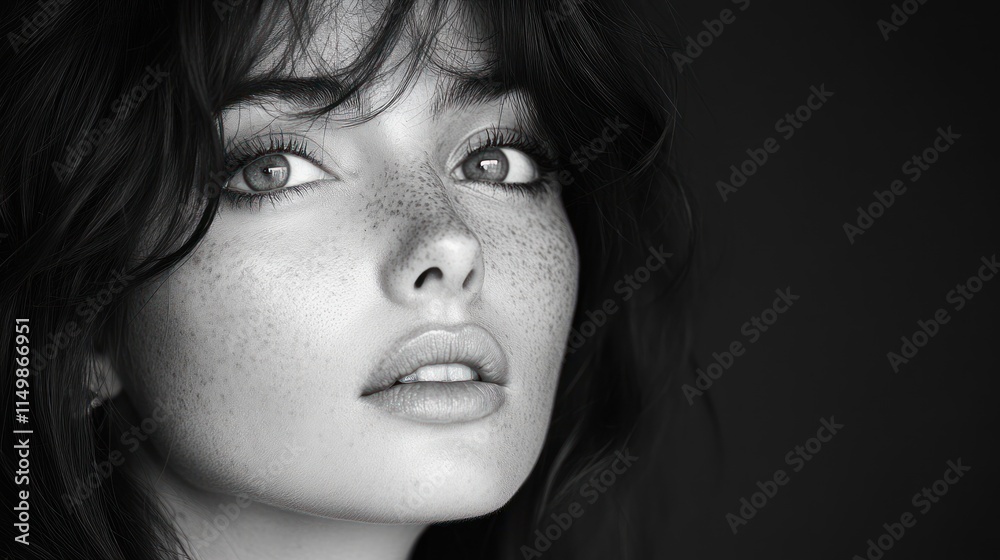 Freckled woman, dark hair, black and white portrait. Freckled woman, dark hair, black and white portrait.