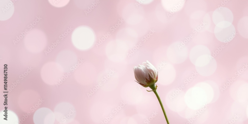 Obraz premium A single, delicate white flower bud against a soft, pink bokeh background, a symbol of springtime elegance and gentle beauty.