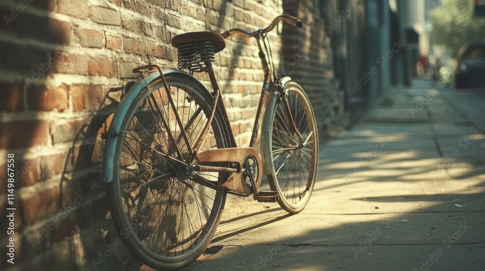 Obraz premium Vintage bicycle leaning against brick wall in sunlit alley.