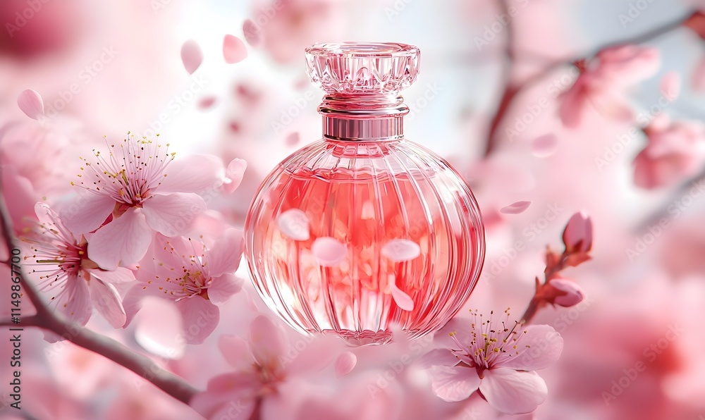 A pink perfume bottle mockup with cherry blossoms and falling petals on a pastel background, perfect for spring themes A pink perfume bottle mockup with cherry blossoms and falling petals on a pastel background, perfect for spring themes