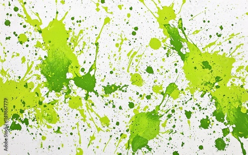 Lush lime green paint bursts forming vivid splatter patterns on a white canvas