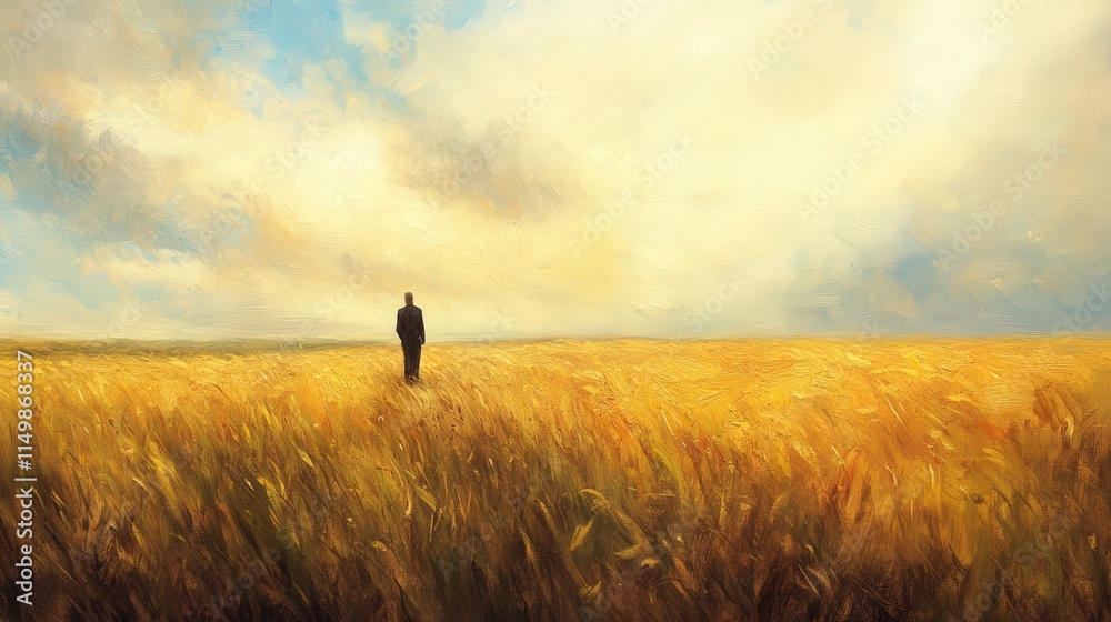 Fototapeta premium golden grass, surrounded by the peaceful, open landscape and the endless sky above
