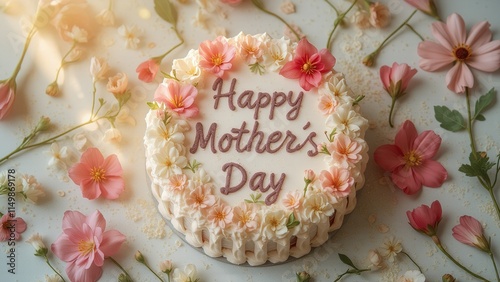 Mother’s Day pink cake with flowers and soft sunlight.