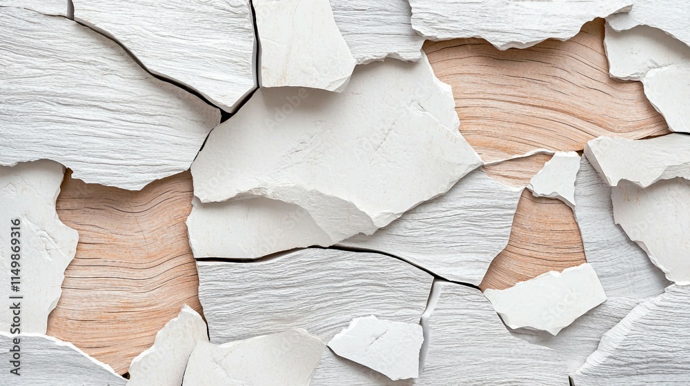Textured Layers of Cracked White Plaster with Wood Background Textured Layers of Cracked White Plaster with Wood Background