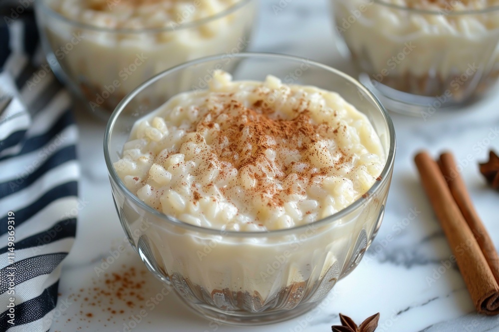 Glass bowls filled with creamy rice pudding topped with cinnamon and star anise create a cozy and comforting dessert scene Glass bowls filled with creamy rice pudding topped with cinnamon and star anise create a cozy and comforting dessert scene