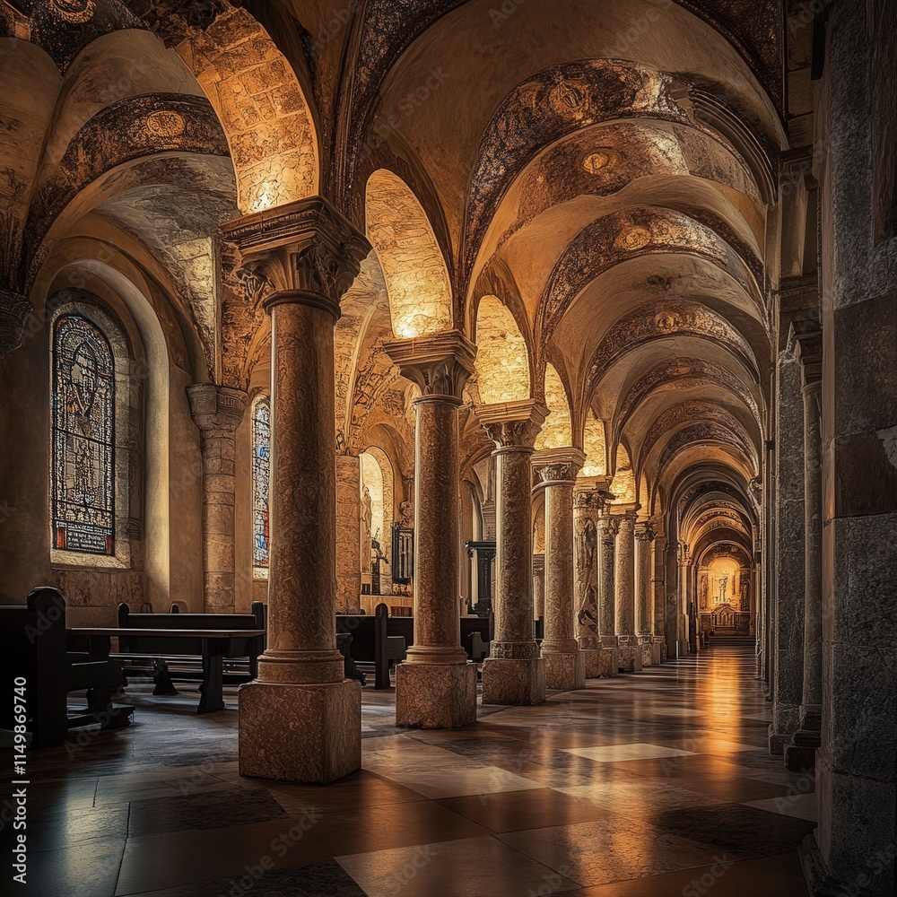interior of Klis Church, featuring its grand columns and arches, with the intricate details of the architecture illuminated by soft light, interior of Klis Church, featuring its grand columns and arches, with the intricate details of the architecture illuminated by soft light,