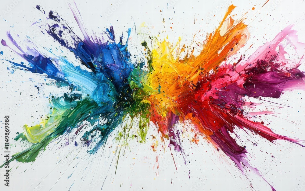 Fototapeta premium Multicolor paint explosion featuring a rainbow of hues, frozen mid-motion against a pure white canvas