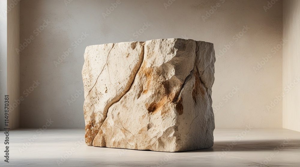 A solitary, imposing limestone block, worn by time, with intricate networks of weathering marks, cracks, and rough, organic textures, showcasing muted, earthy beige tones,generative ai