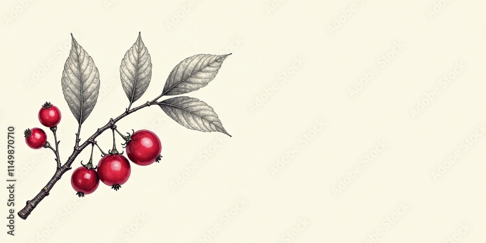 Fototapeta premium Detailed Botanical Illustration of a Branch with Red Berries and Gray Leaves on a Cream Background