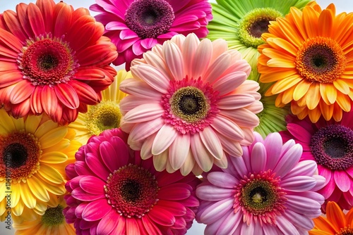 Vibrant Gerbera Daisy Flowers Overhead View, Isolated Background