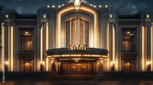 Art Deco style theater building at night, illuminated entrance.