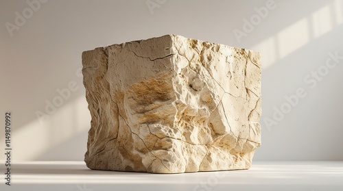 Wallpaper Mural A solitary, imposing limestone block, worn by time, with intricate networks of weathering marks, cracks, and rough, organic textures, showcasing muted, earthy beige tones,generative ai Torontodigital.ca