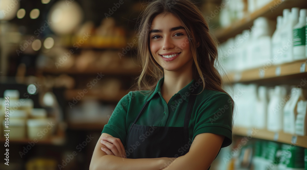 A portrait of an attractive female employee in a green polo and black apron, smiling with her arms crossed, standing inside the store. Shelves full of products are behind her, shot