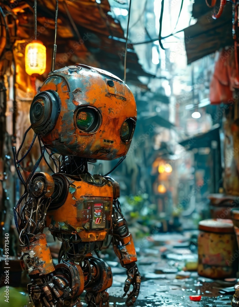 Fototapeta premium A rusty, vintage robot with exposed wires and wear stands in a gritty, rundown urban street. The industrial atmosphere and narrow alley create a mood of decay and nostalgia, evoking dystopian themes
