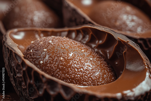 A close-up of the inside wall of an unmanufactured chocolate egg, showing rich textures and natural lighting. The focus is on intricate details like light reflections in liquid cho photo