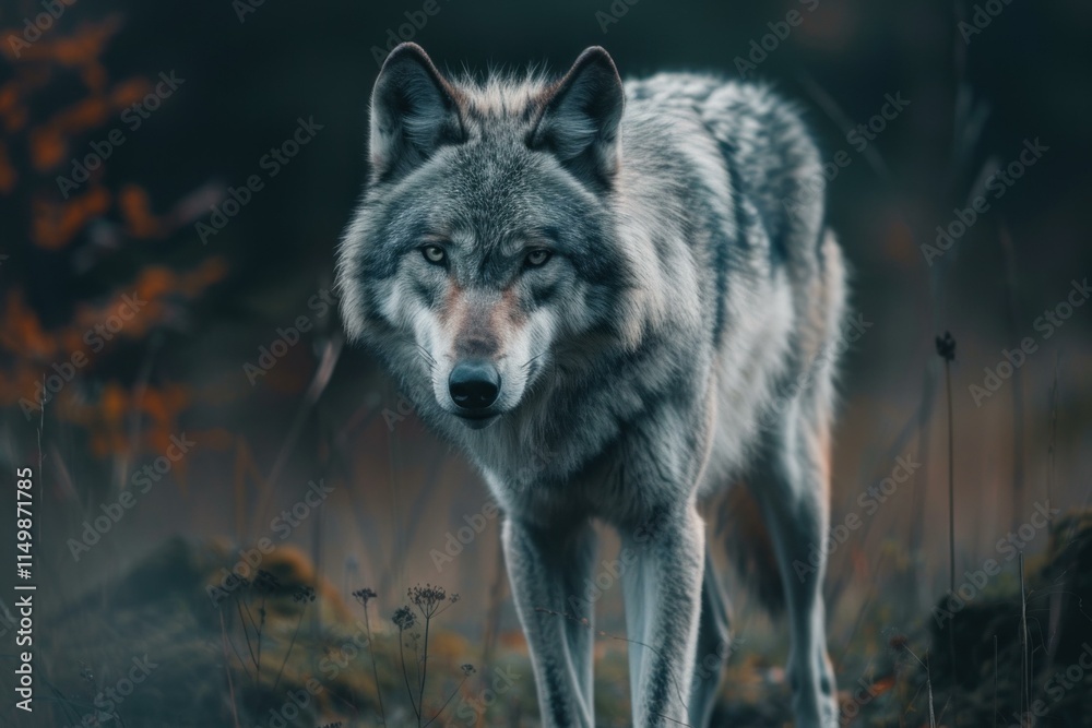 Fototapeta premium Gray wolf standing in a forest clearing at twilight