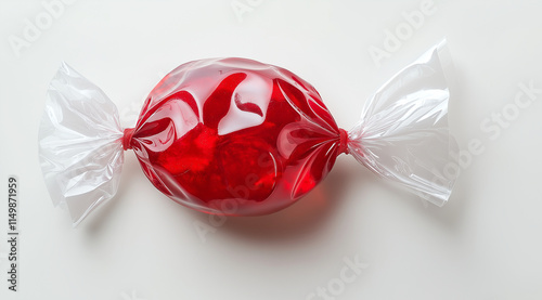 A realistic photograph of an isolated red candy wrapped in cellophane on a white background, high resolution, professional photograph, super-resolution, megapixel, aerial perspecti
