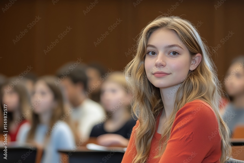 Student smiling in classroom during lesson with classmates visible in the background Student smiling in classroom during lesson with classmates visible in the background