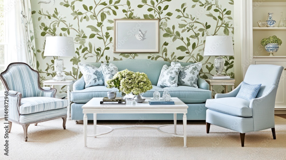 Fototapeta premium Light blue living room with floral wallpaper, sofa, armchairs, and coffee table.